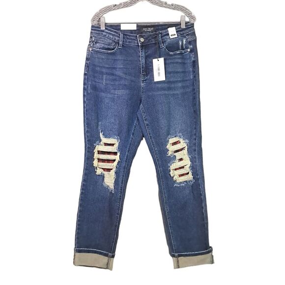 Judy Blue Denim - Judy Blue Boyfriend Fit Jeans Womens‎ 31 Dark Blue Buffalo Plaid Patch Cuffed